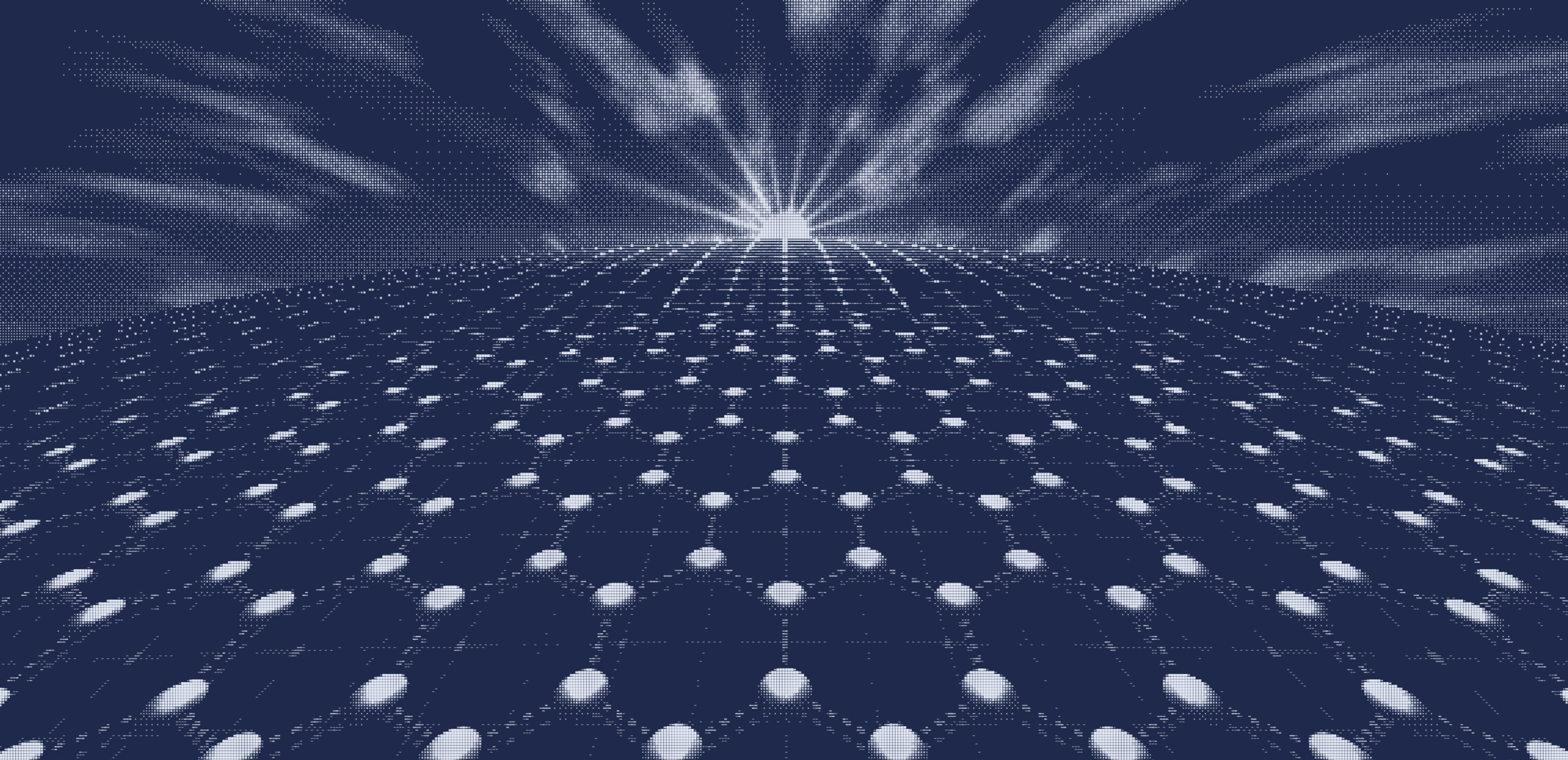 A pointillist hexagonal atomic lattice curves toward the horizon, where a radiant sun rises over a monochrome sky